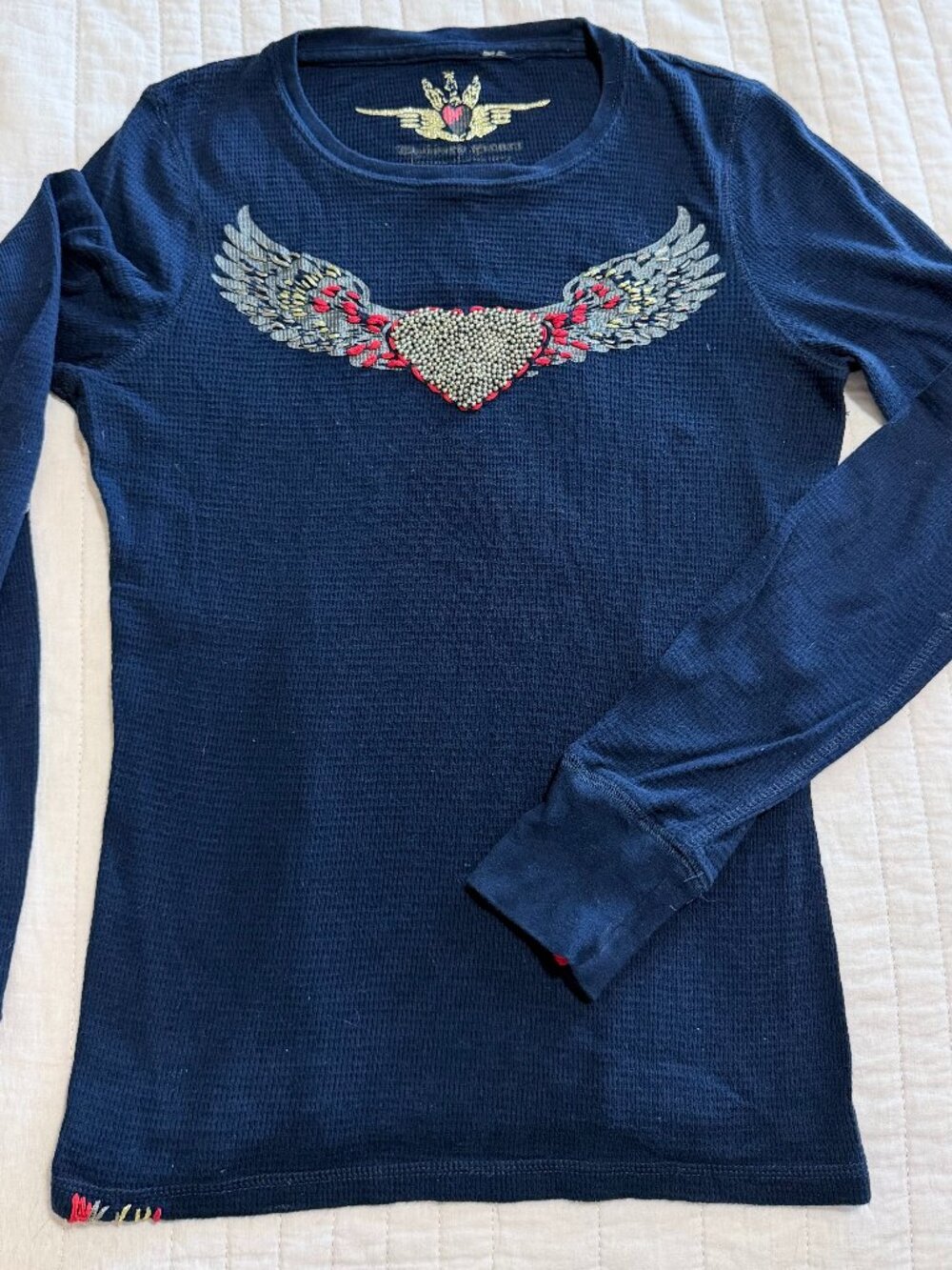 Twisted Heart Navy Waffle Knit Thermal Long Sleeve Embellished Winged Heart Top